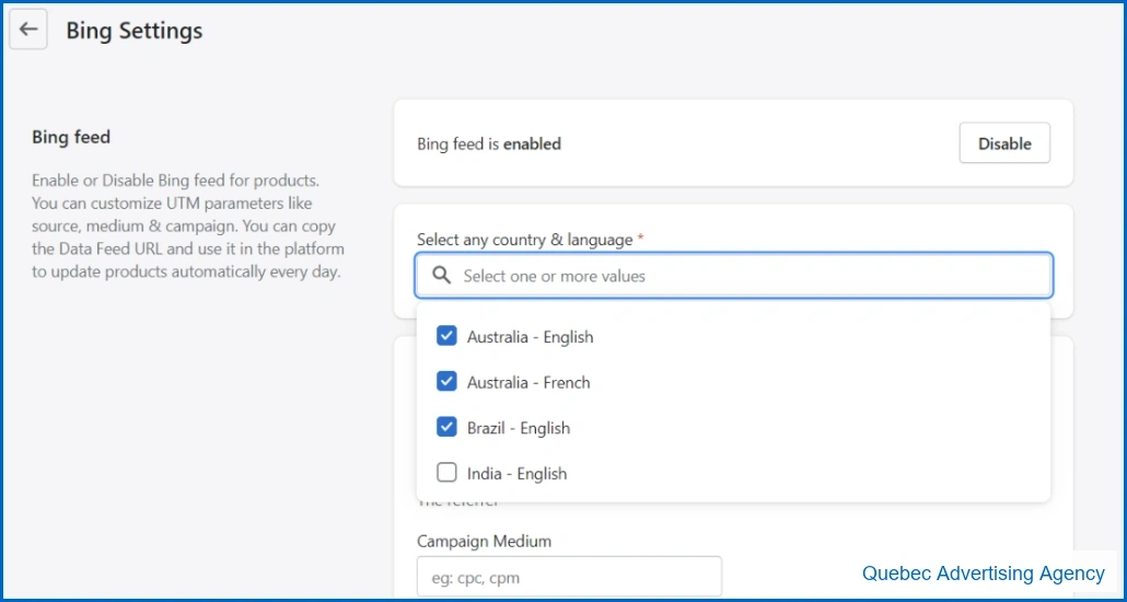 Bing Feed Countries and Languages Selection - Quebec Agency